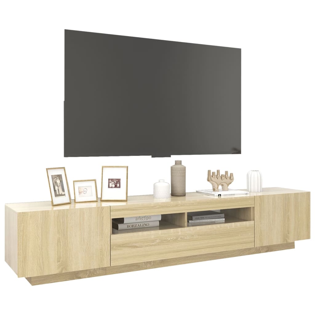 Tv-meubel met LED 200x35x40 cm bewerkt hout artisanaal eiken