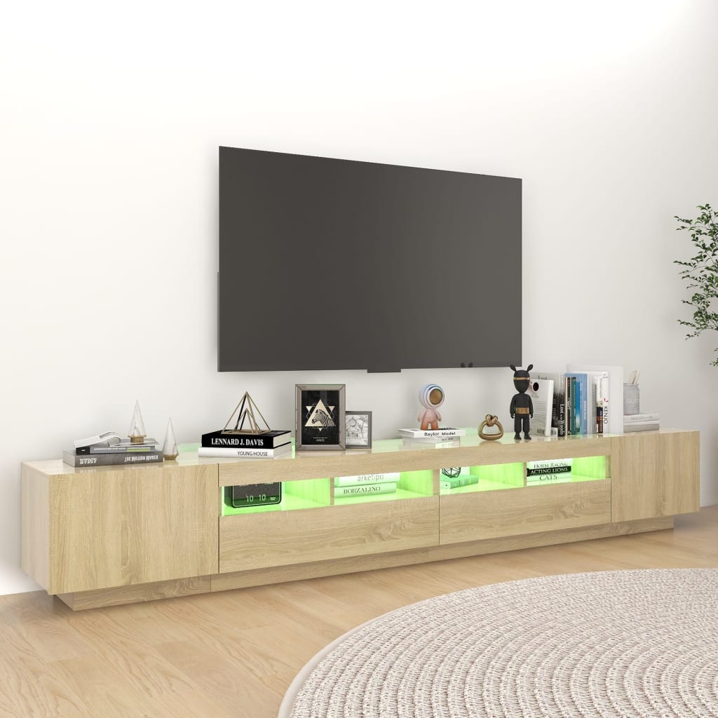 Tv-meubel met LED 260x35x40 cm bewerkt hout artisanaal eiken