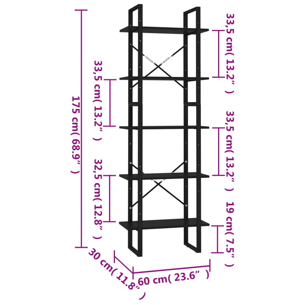 Boekenkast met 5 schappen 80x30x175 cm bewerkt hout