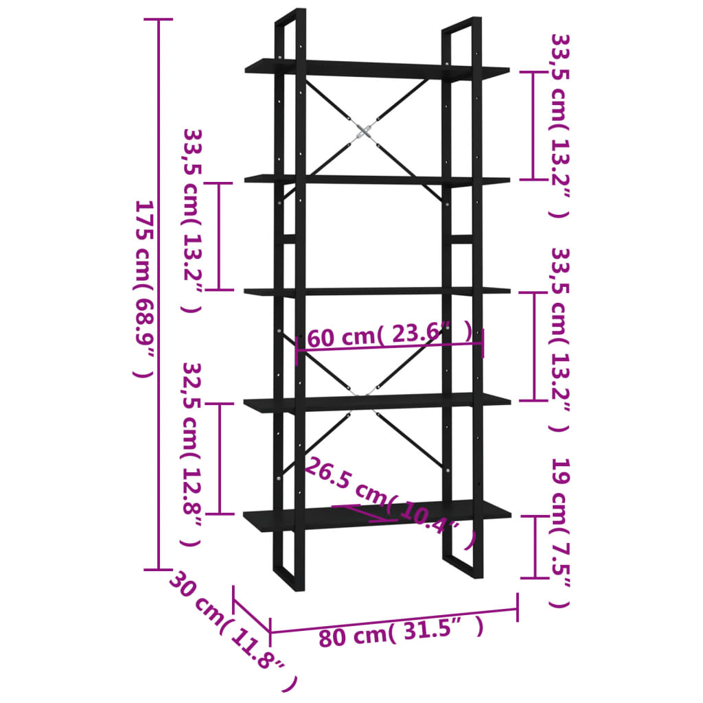 Boekenkast met 5 schappen 80x30x175 cm bewerkt hout