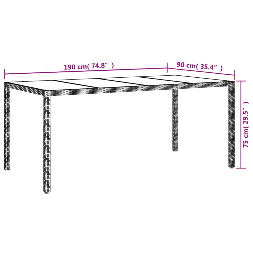 Tuintafel 190x90x75 cm gehard glas poly rattan black