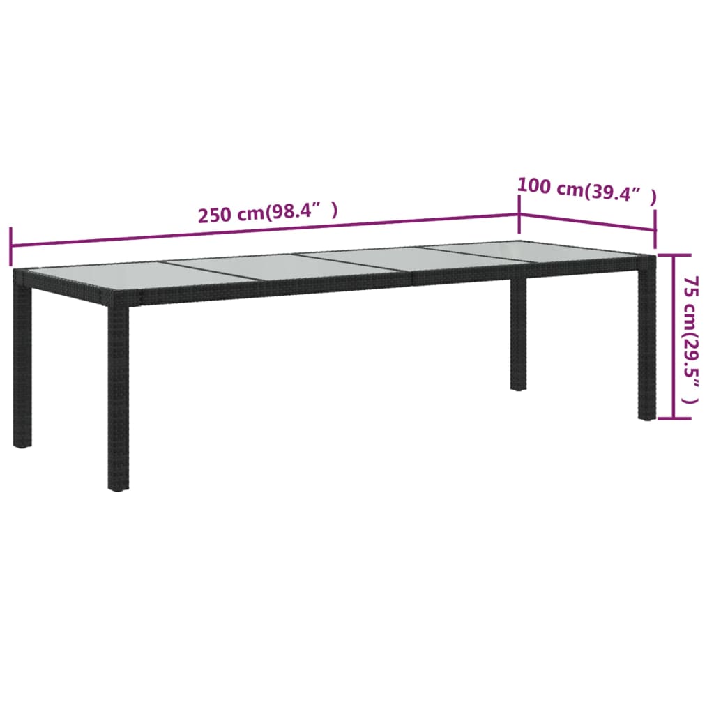 Tuintafel 250x100x75 cm gehard glas en poly rattan