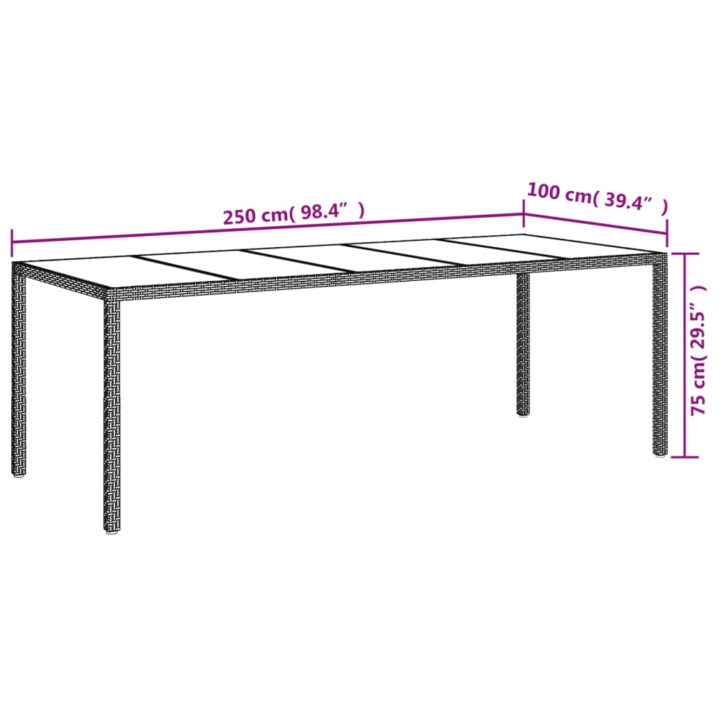 Tuintafel 250x100x75 cm gehard glas en poly rattan