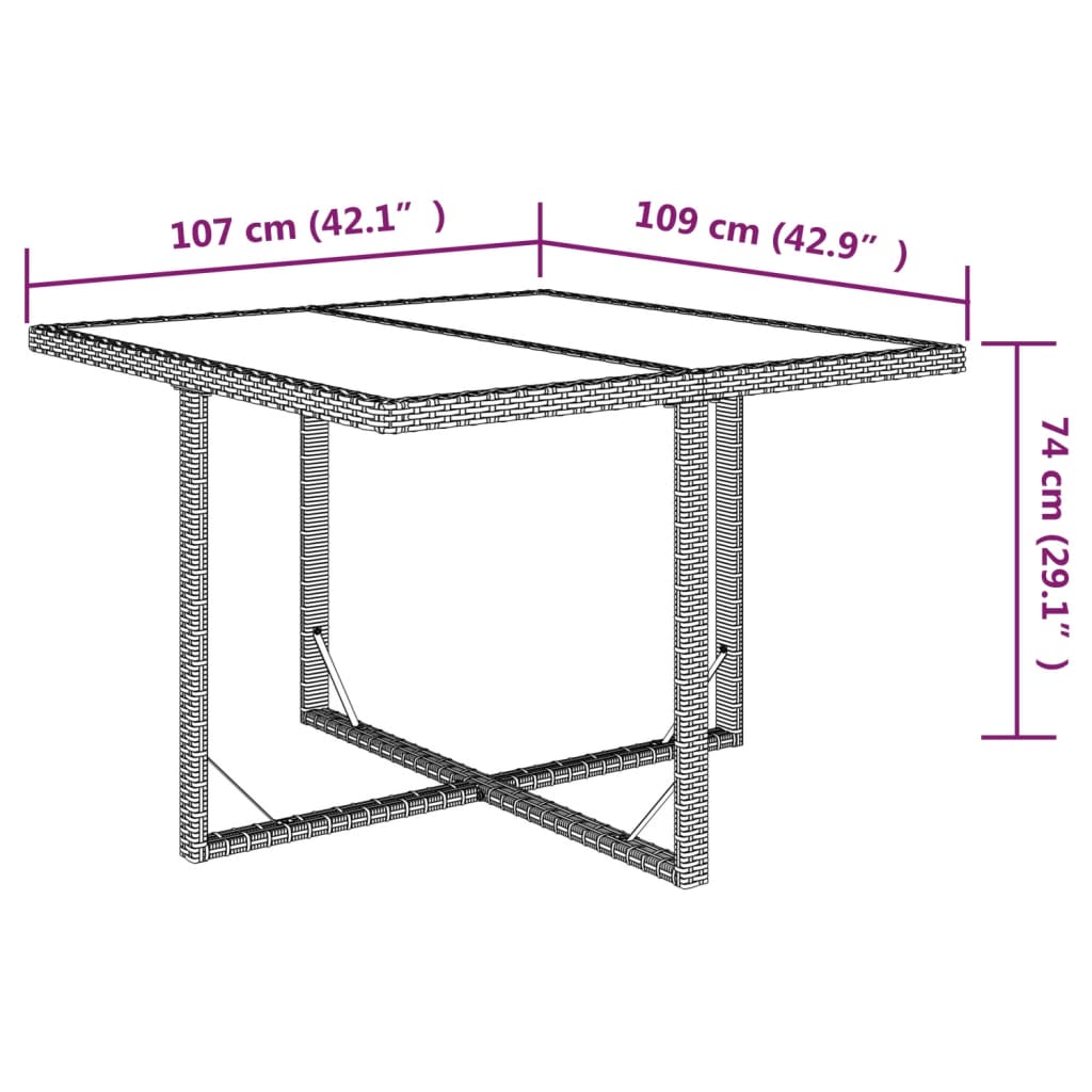 Tuintafel 109x107x74 cm poly rattan en glas