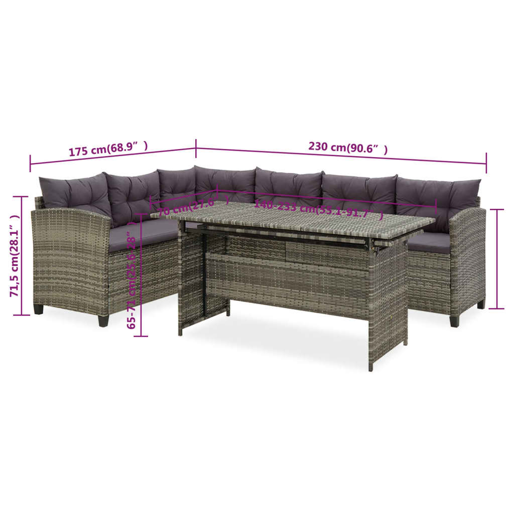 6-delige Loungeset met kussens poly rattan grijs