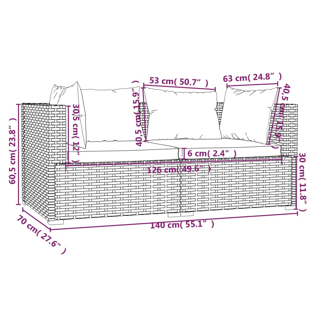 3-delige Loungeset met kussens poly rattan