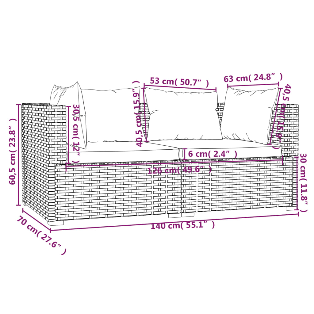 3-delige Loungeset met kussens poly rattan