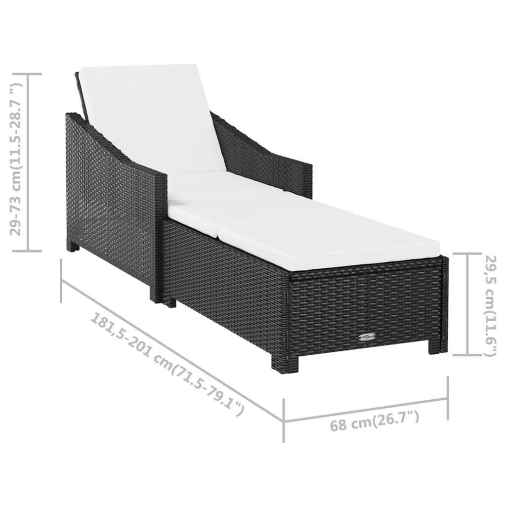 Ligbed met crèmewit kussen poly rattan zwart