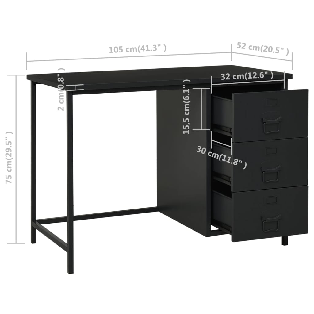 Bureau industrieel met lades 105x52x75 cm staal antracietkleur