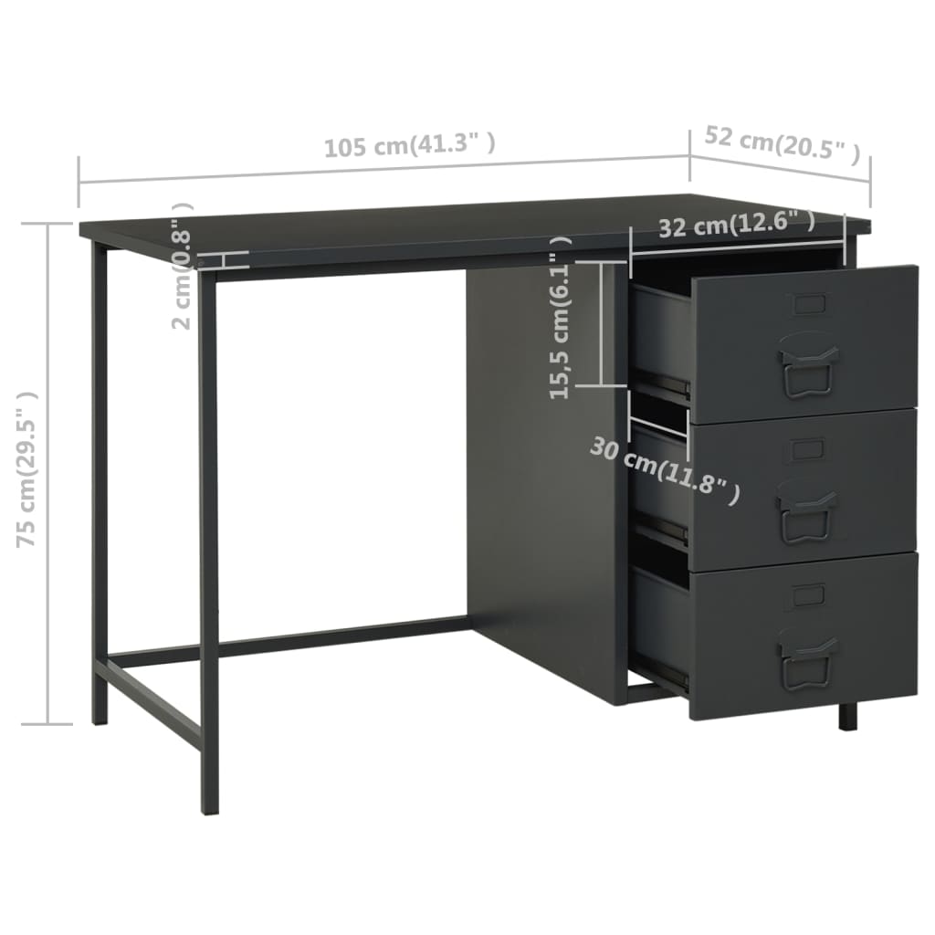 Bureau industrieel met lades 105x52x75 cm staal antracietkleur