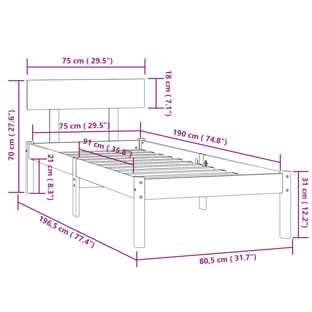 Bedframe massief hout 120x190 cm