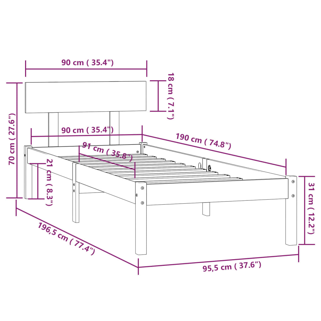 Bedframe massief hout 120x190 cm