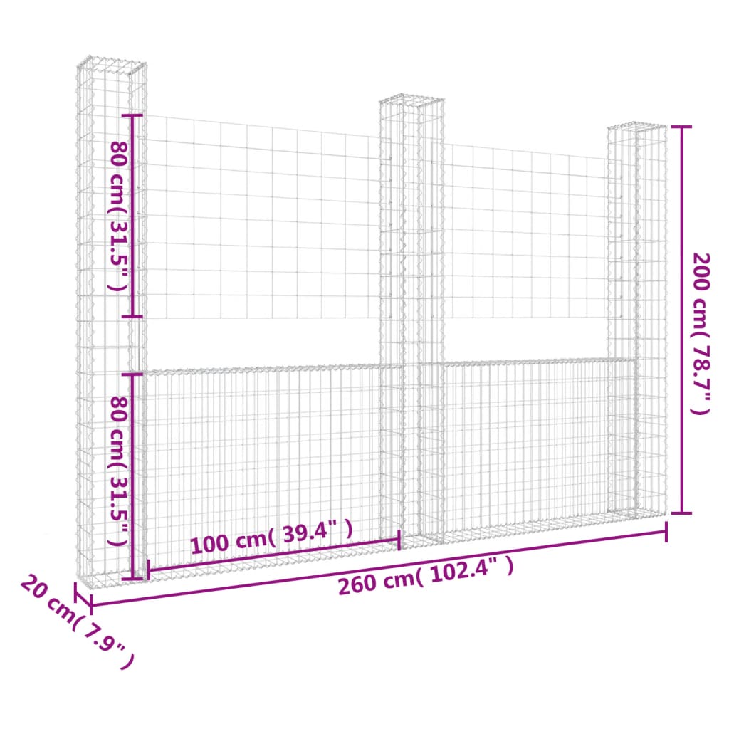 Schanskorf U-vormig met 2 palen 140x20x100 cm ijzer