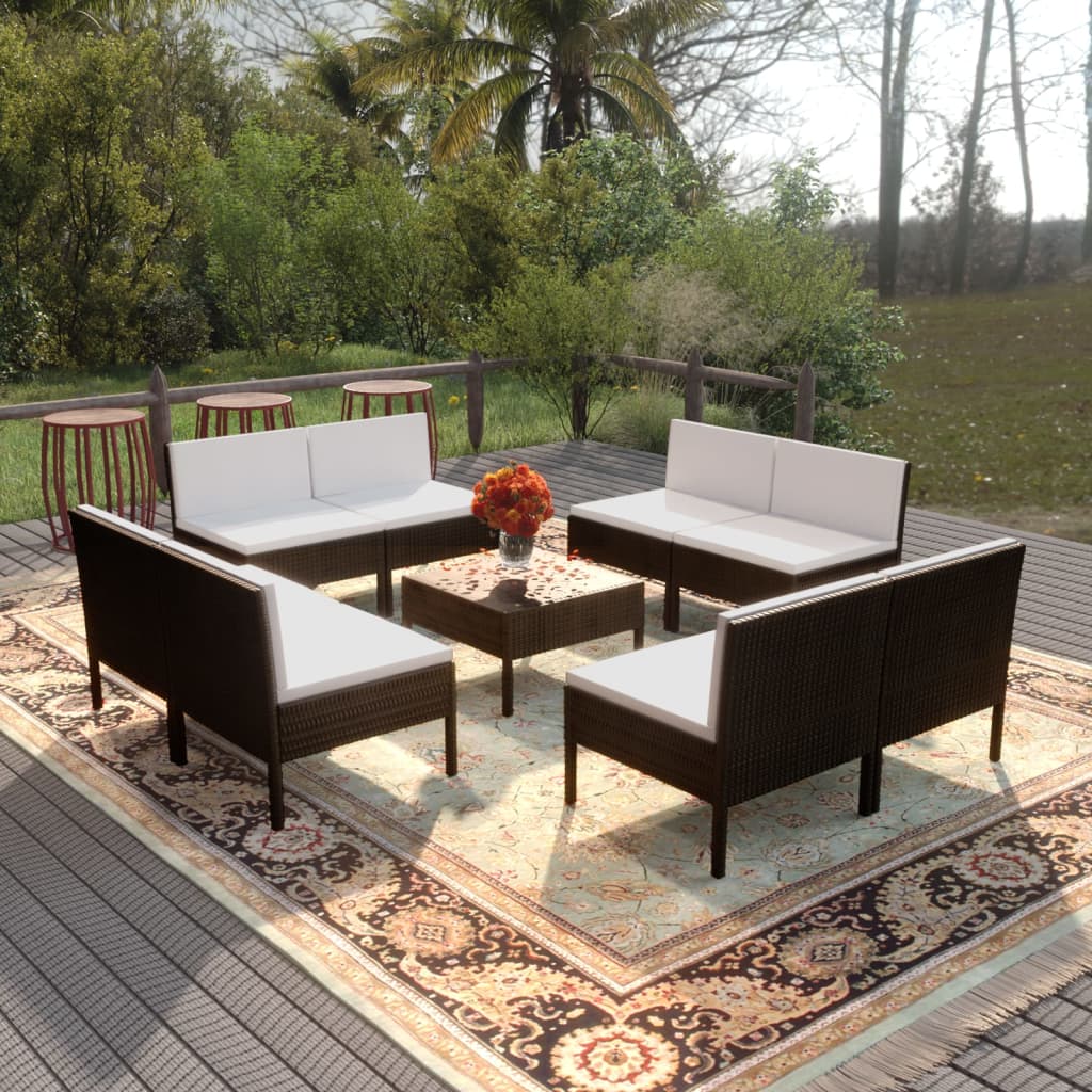 7-delige Loungeset met kussens poly rattan zwart