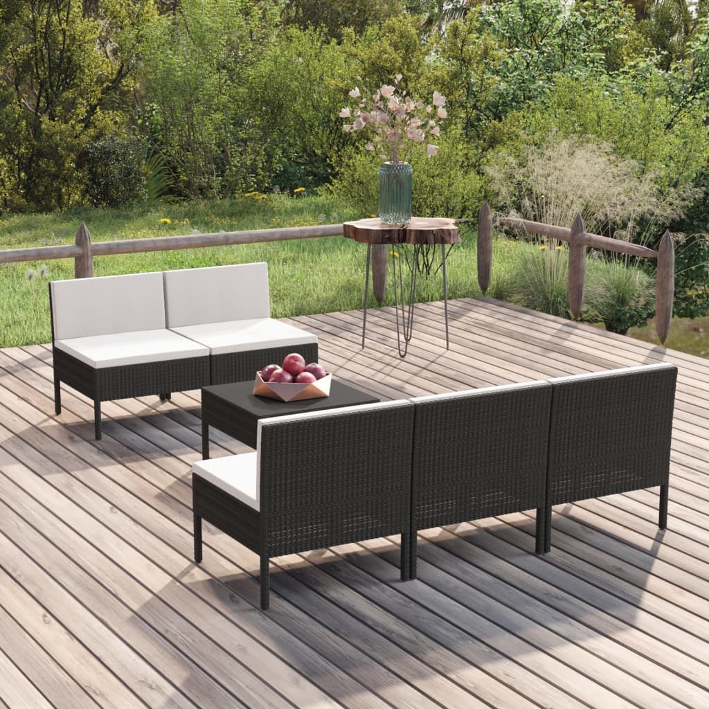 7-delige Loungeset met kussens poly rattan zwart