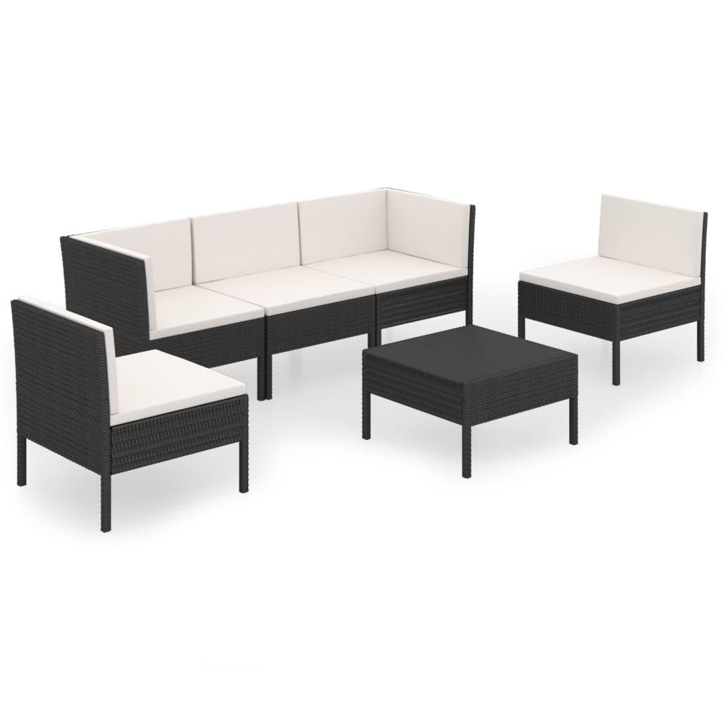 5-delige Loungeset met kussens poly rattan zwart