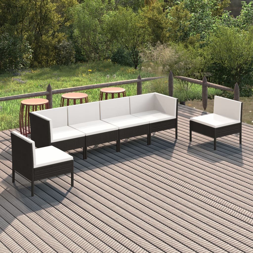 7-delige Loungeset met kussens poly rattan zwart