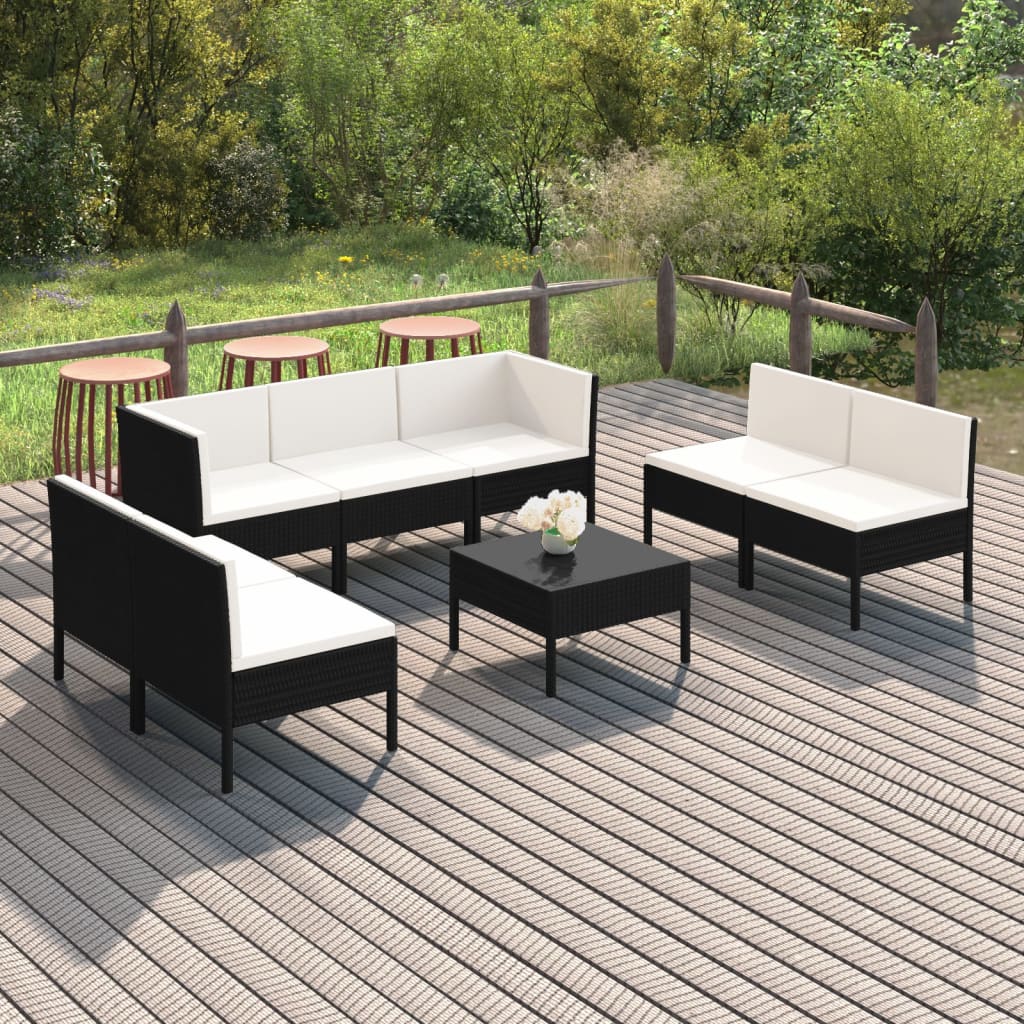 7-delige Loungeset met kussens poly rattan zwart