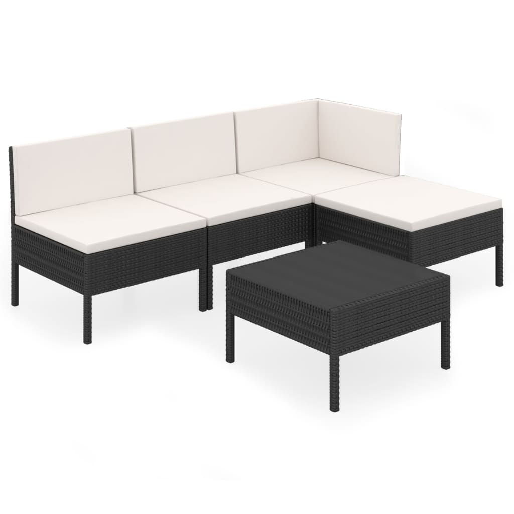 5-delige Loungeset met kussens poly rattan zwart