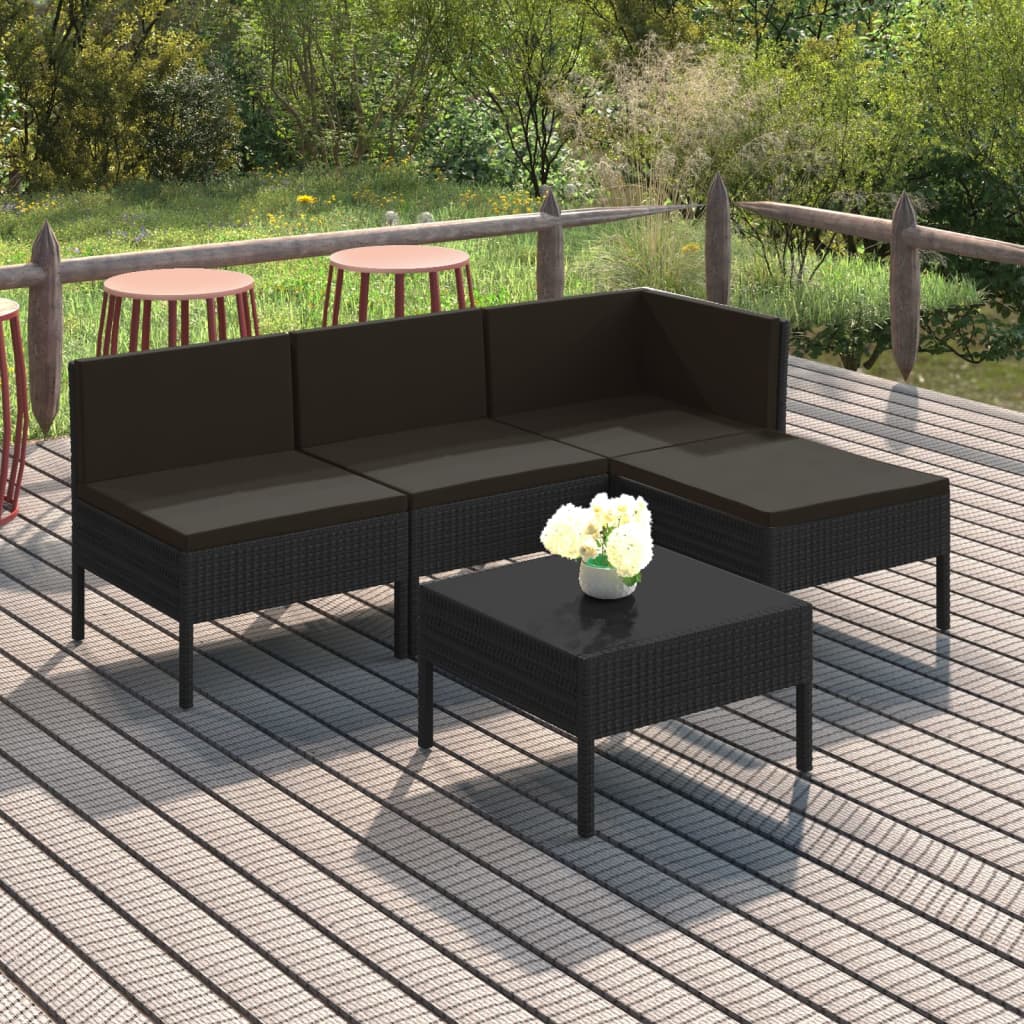 10-delige Loungeset met kussens poly rattan zwart