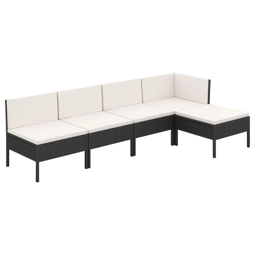 5-delige Loungeset met kussens poly rattan zwart