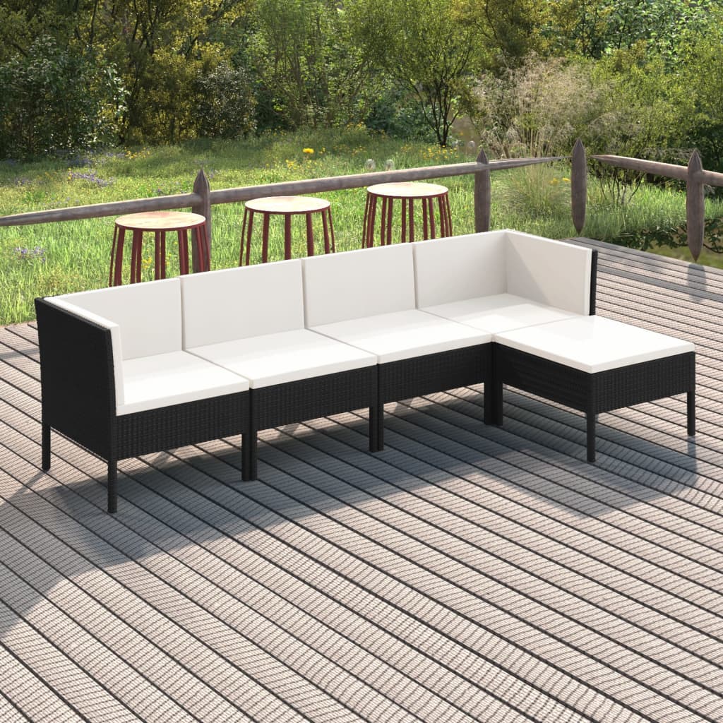 5-delige Loungeset met kussens poly rattan zwart