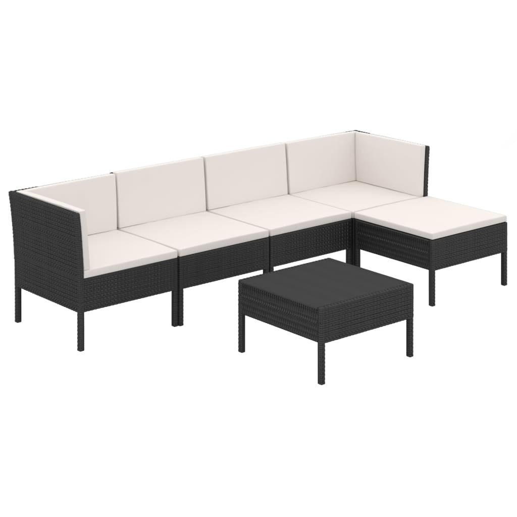 5-delige Loungeset met kussens poly rattan zwart