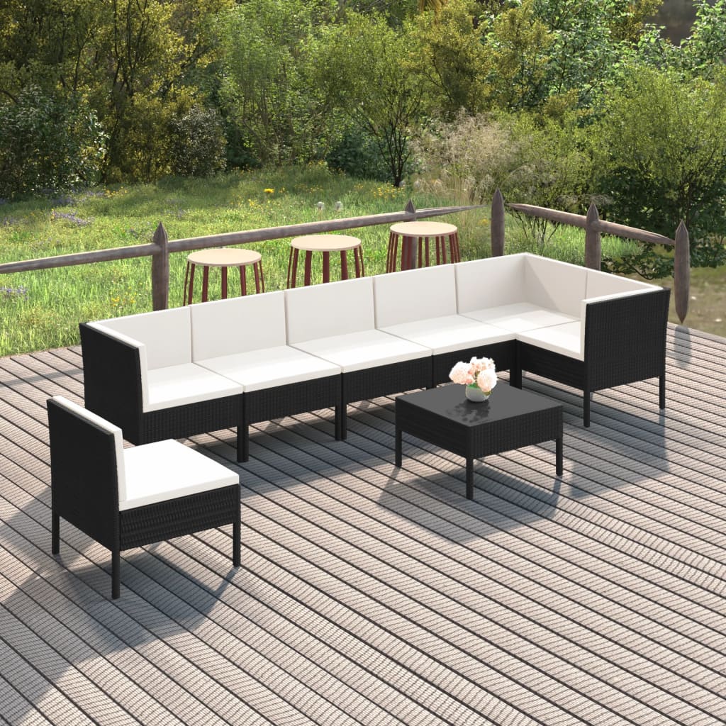 7-delige Loungeset met kussens poly rattan zwart