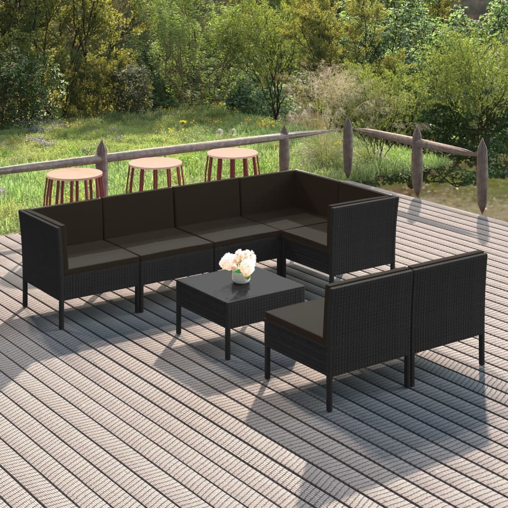 10-delige Loungeset met kussens poly rattan zwart