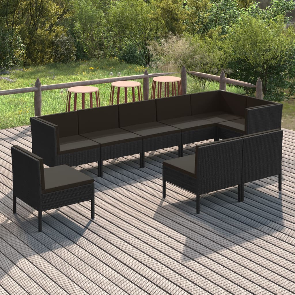 10-delige Loungeset met kussens poly rattan zwart