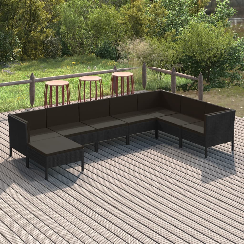 10-delige Loungeset met kussens poly rattan zwart