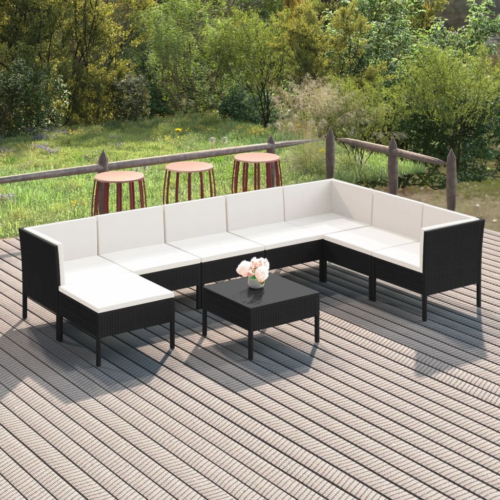 5-delige Loungeset met kussens poly rattan zwart