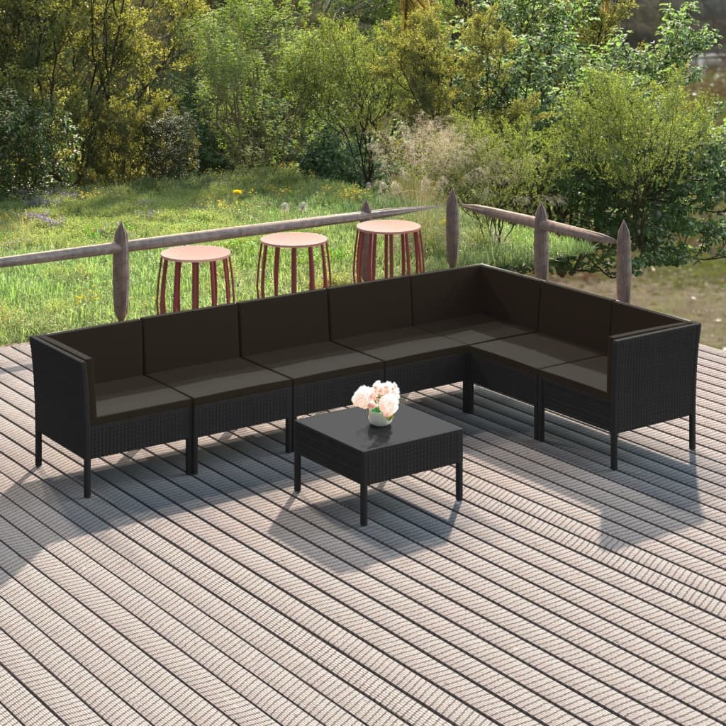 10-delige Loungeset met kussens poly rattan zwart