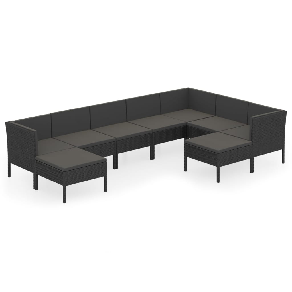 10-delige Loungeset met kussens poly rattan zwart