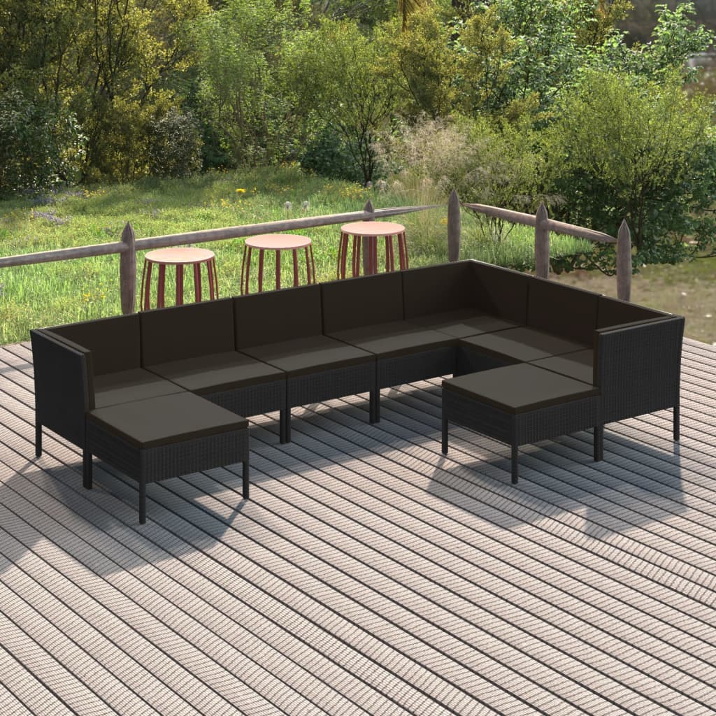 10-delige Loungeset met kussens poly rattan zwart