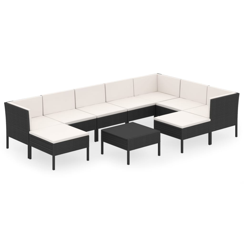 5-delige Loungeset met kussens poly rattan zwart