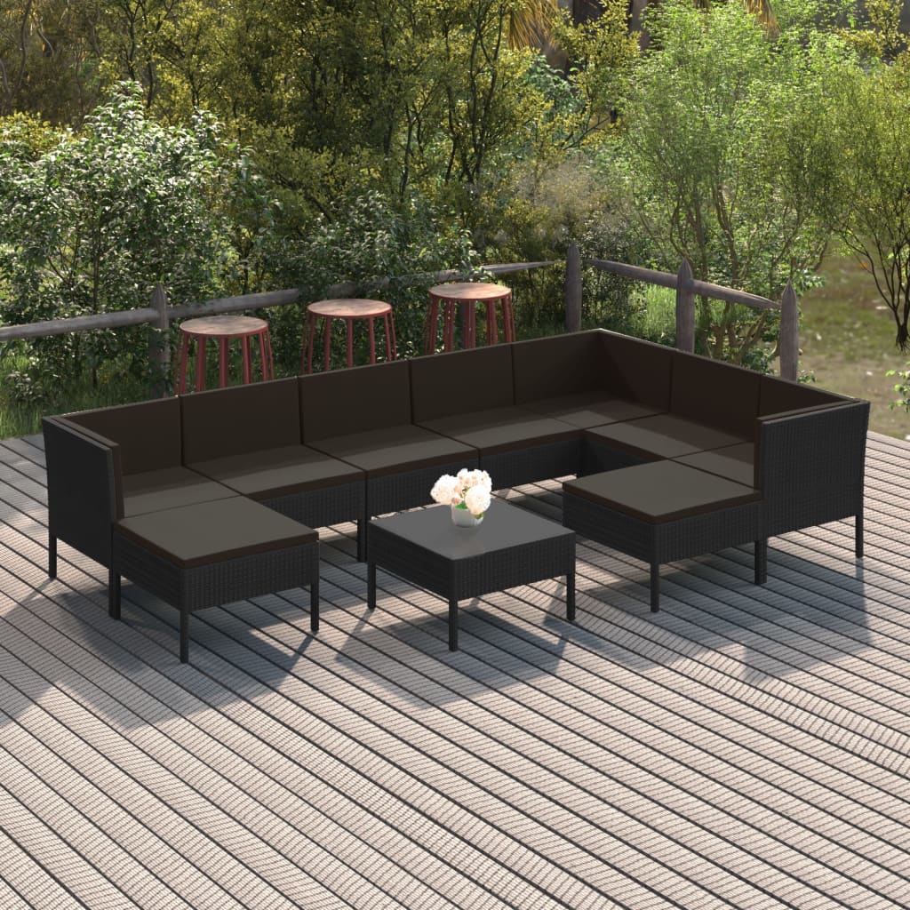 10-delige Loungeset met kussens poly rattan zwart