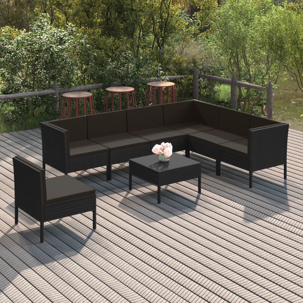 10-delige Loungeset met kussens poly rattan zwart