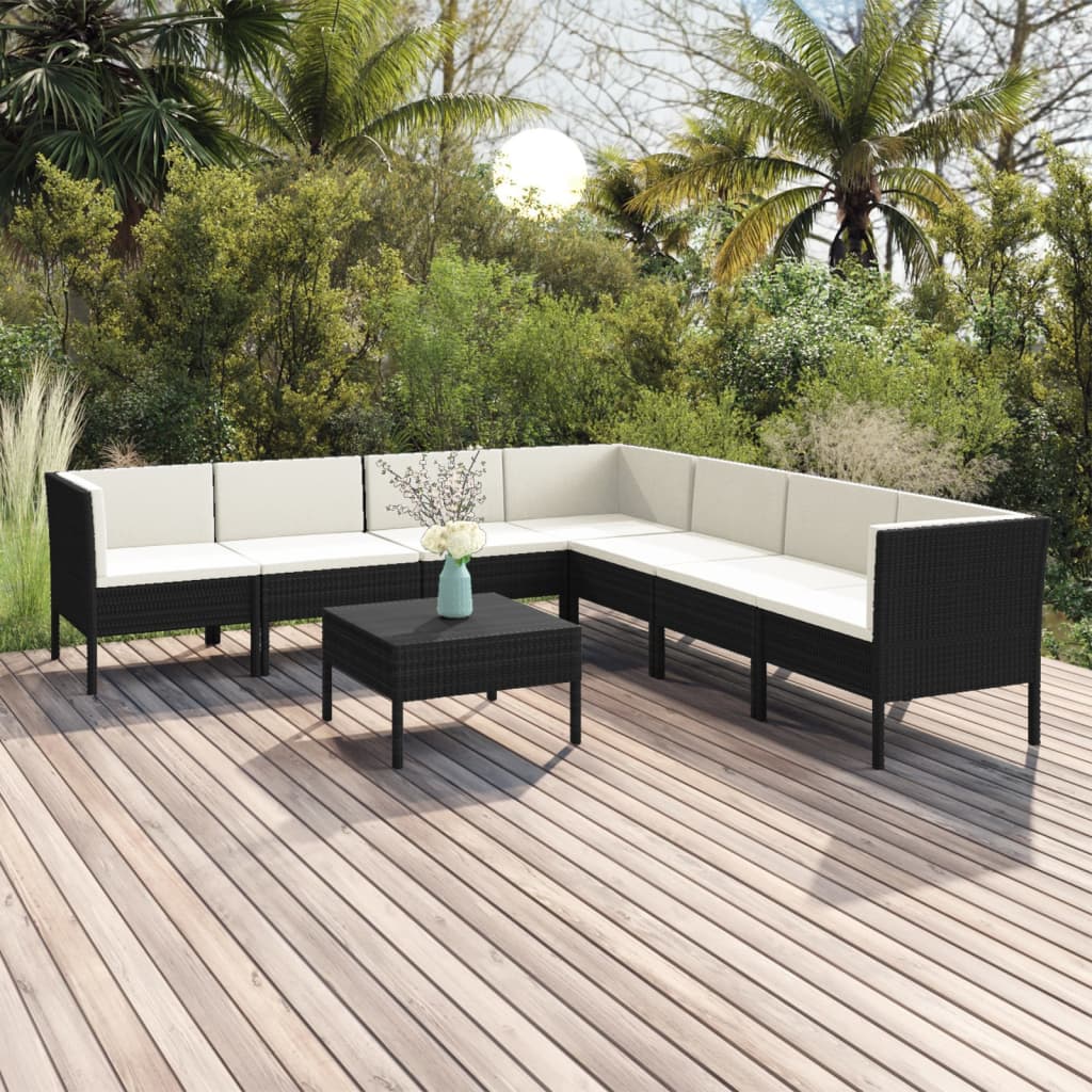 7-delige Loungeset met kussens poly rattan zwart