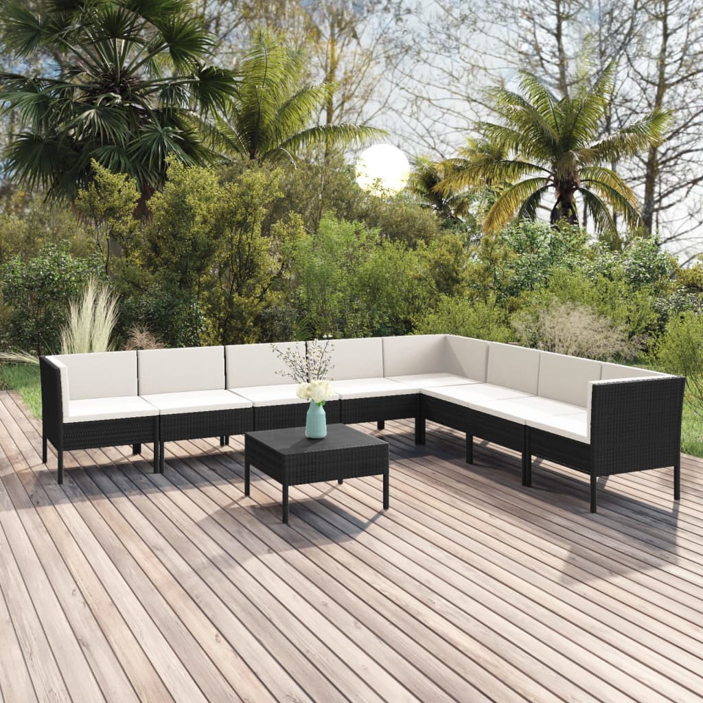 7-delige Loungeset met kussens poly rattan zwart