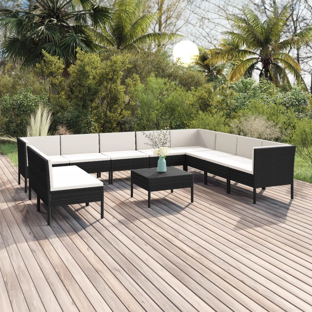 13-delige Loungeset met kussens poly rattan zwart