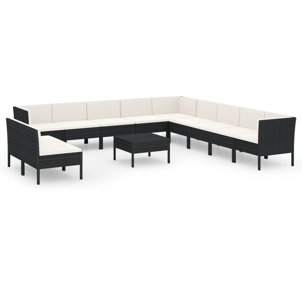 7-delige Loungeset met kussens poly rattan zwart