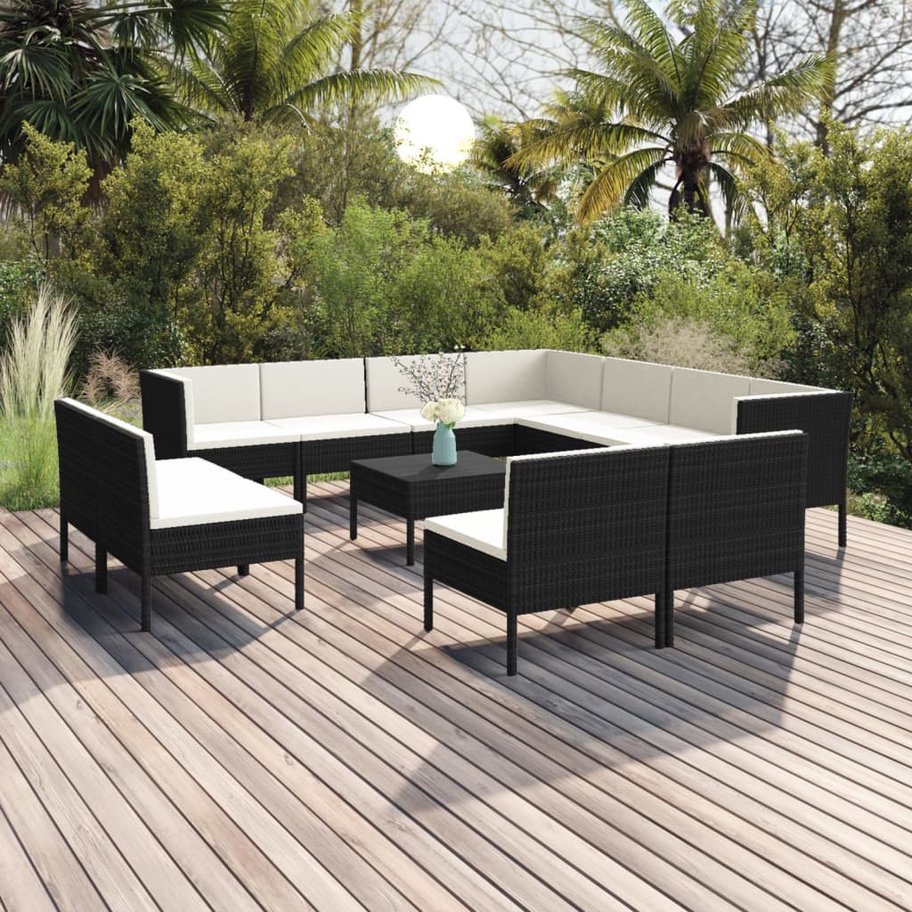 7-delige Loungeset met kussens poly rattan zwart