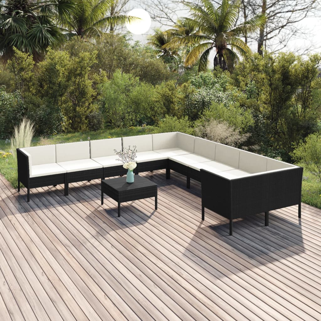 13-delige Loungeset met kussens poly rattan zwart