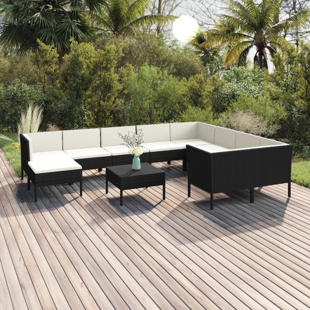 7-delige Loungeset met kussens poly rattan zwart