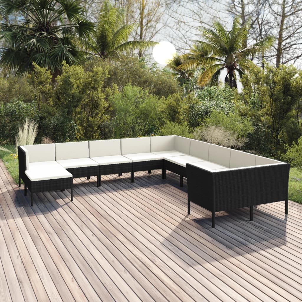 13-delige Loungeset met kussens poly rattan zwart