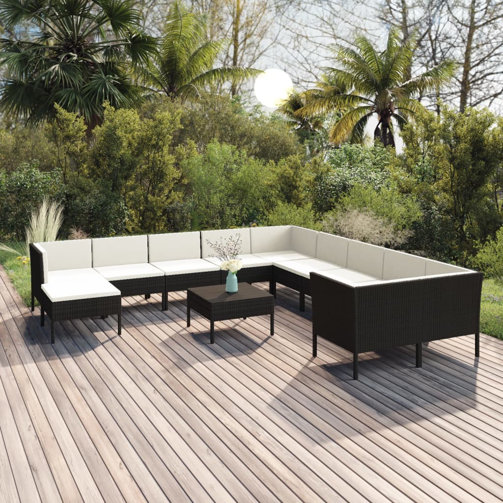 7-delige Loungeset met kussens poly rattan zwart