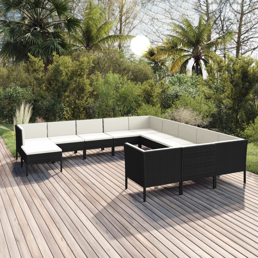 13-delige Loungeset met kussens poly rattan zwart