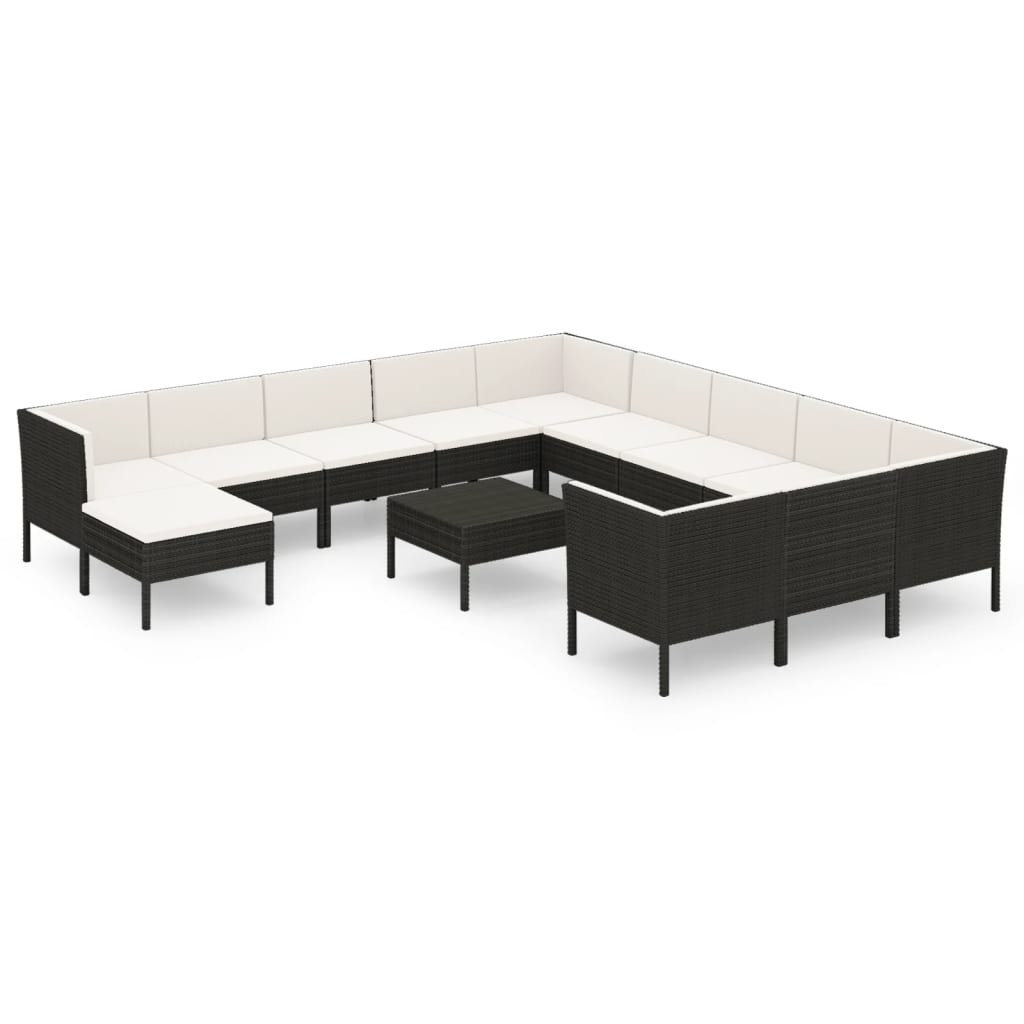 13-delige Loungeset met kussens poly rattan zwart