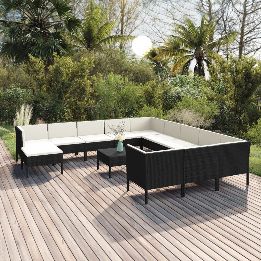 13-delige Loungeset met kussens poly rattan zwart